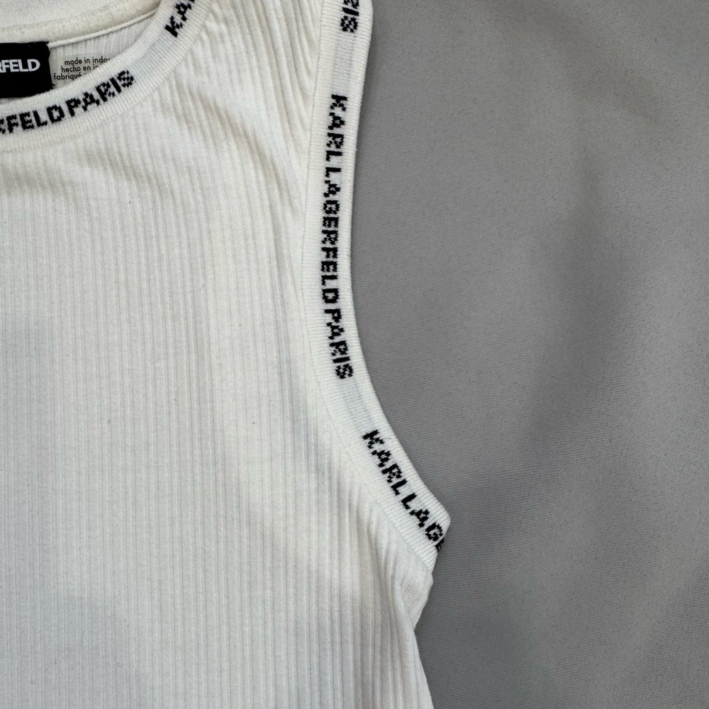 Karl Lagerfeld Cream Ribbed Tank Top with Logo Trim - Picture 3 of 5